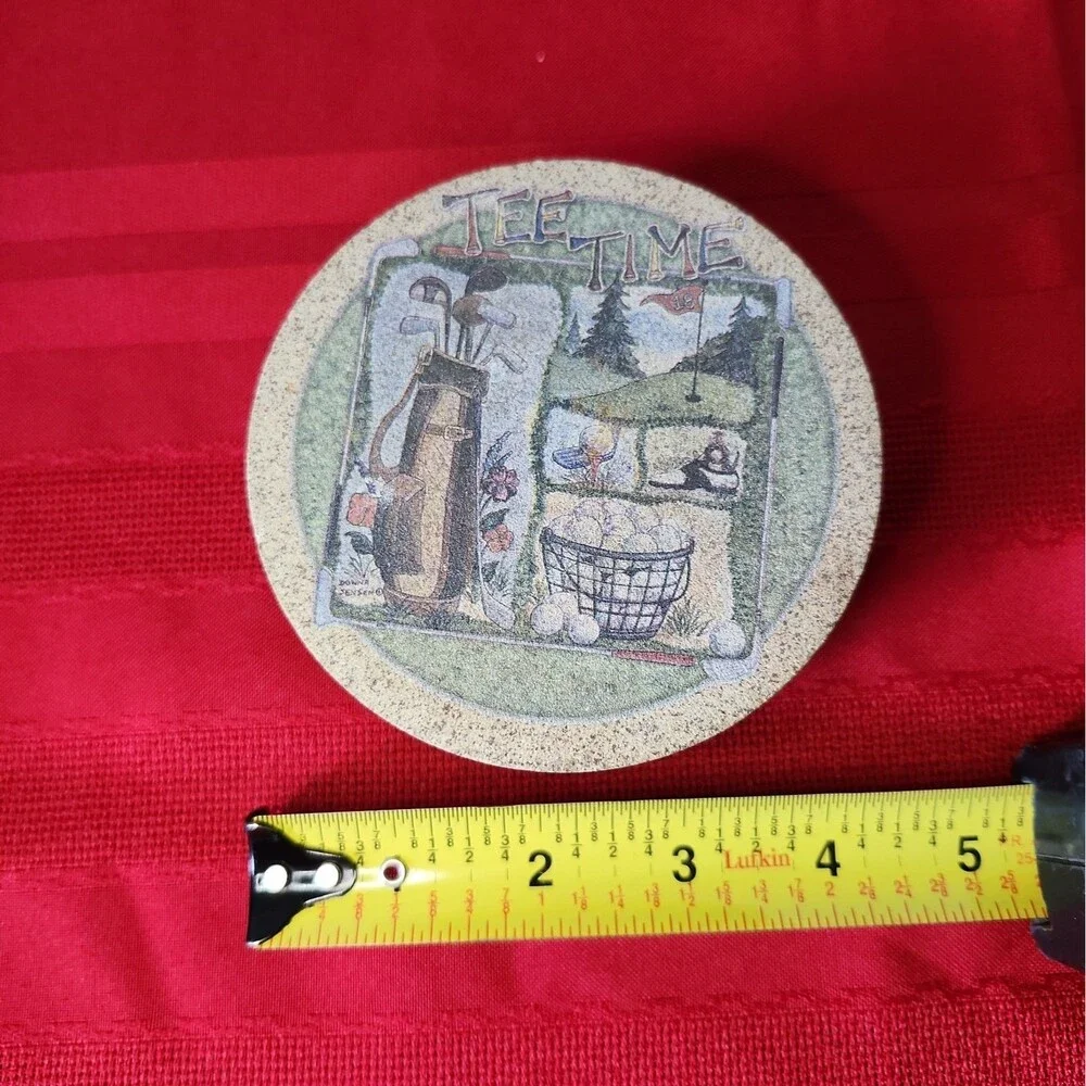 4 Vintage Thirstystone Absorbent Sandstone Coasters Cork Backing Tee Off Golf